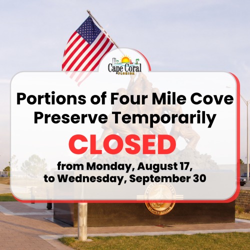 Flyer for temporary closure of Four mile cover preserve from monday august 17 to wednesday september 30